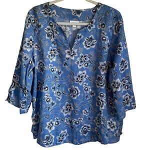 J. Jill Love Linen Top 100% Linen Blue Floral Popover Split Neck Sz L Coastal